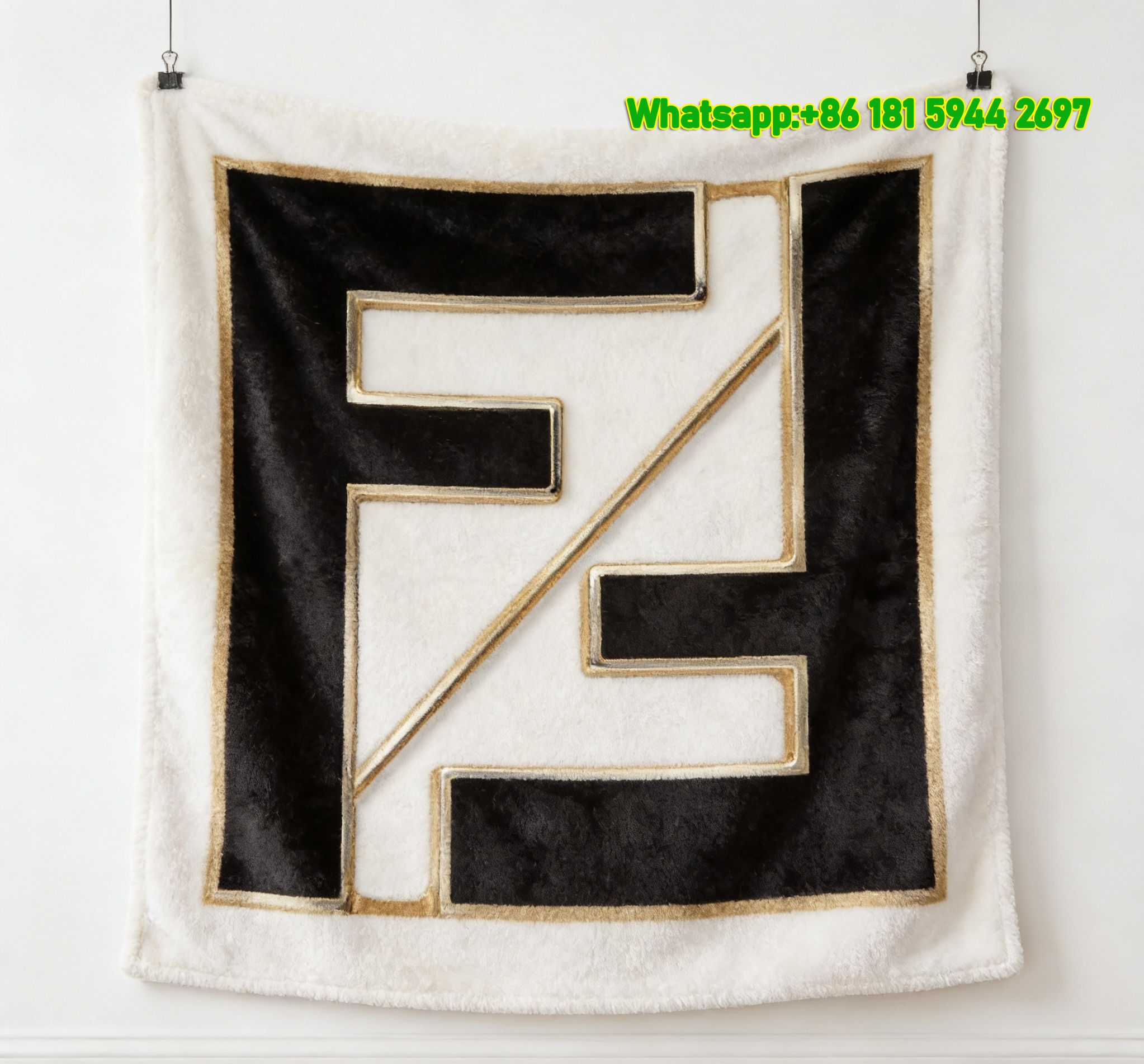 Black and Gold Fendi FF Logo Flannel Throw Blanket White Background IMG_9305